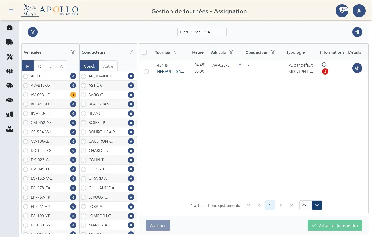 Screen du logiciel Apollo, sur la partie de gestion de tournées sur la page assignation