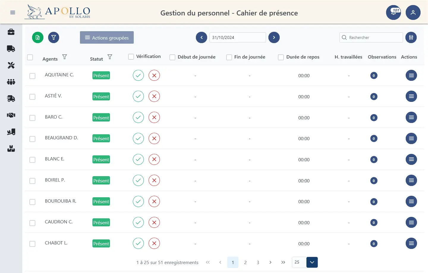 Screen du logiciel Apollo, sur la partie de gestion du personnel