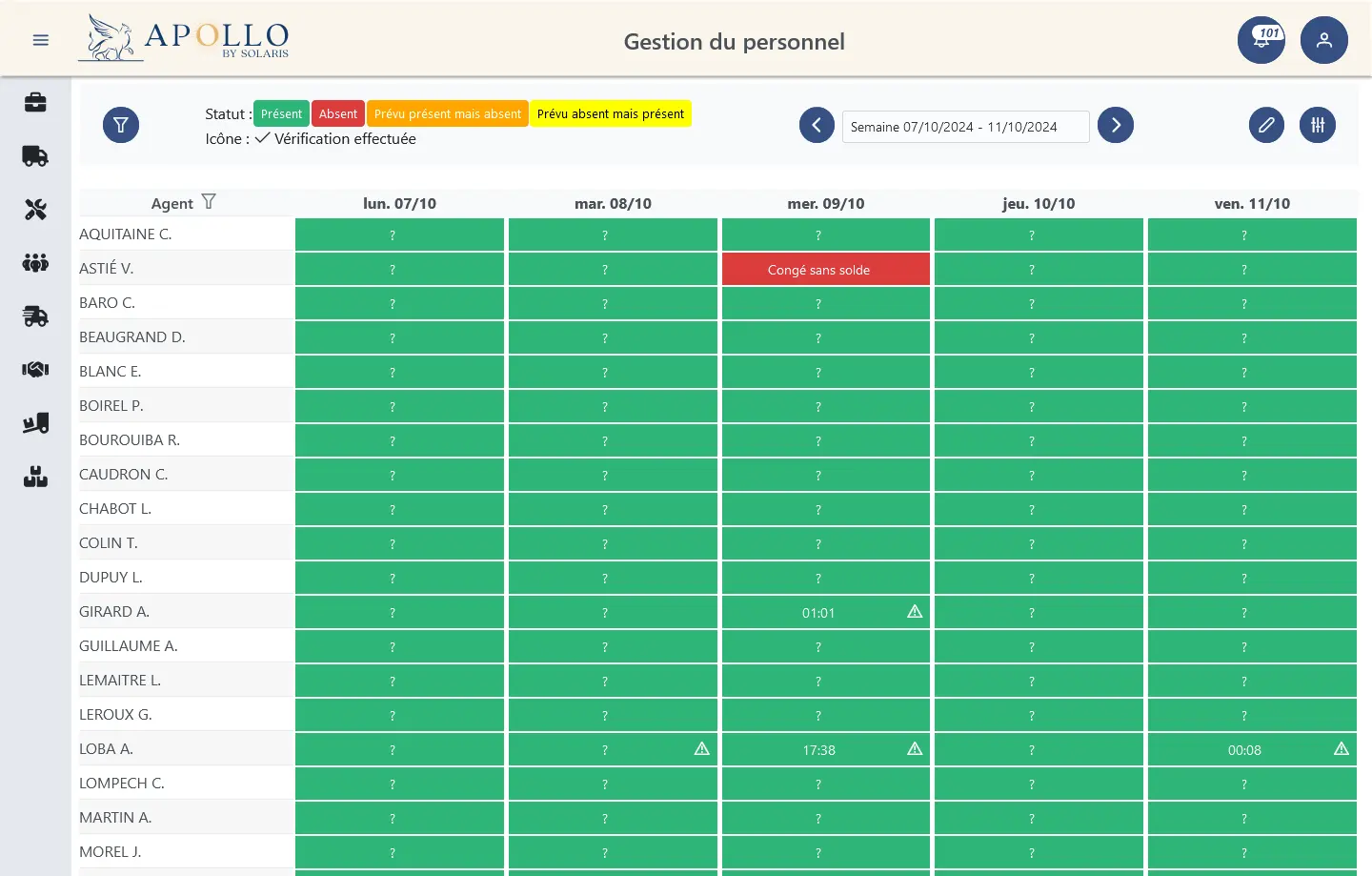 Screen du logiciel Apollo, sur la partie de gestion du personnel