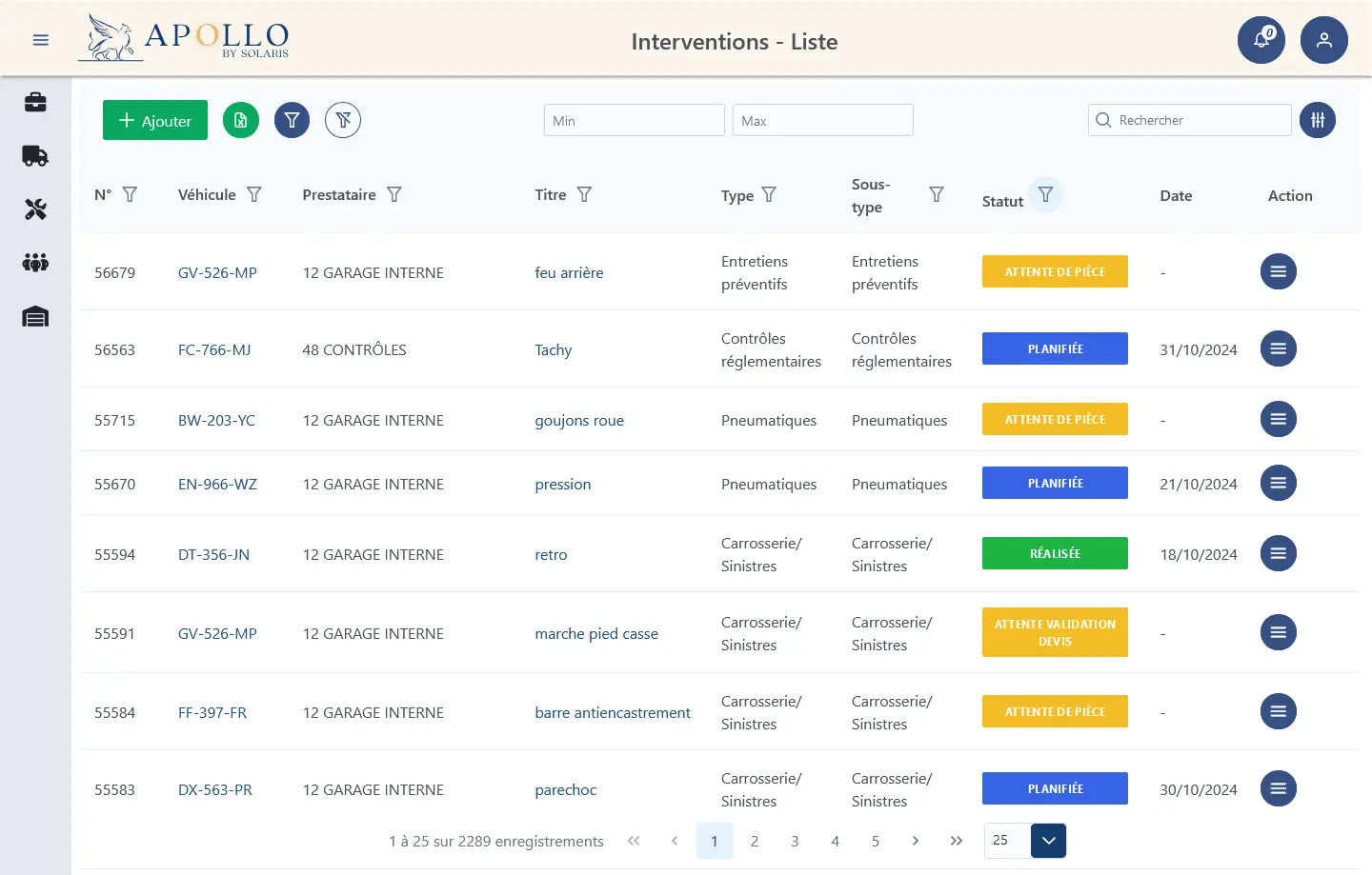 Écran page affrètement du logiciel de transport Apollo