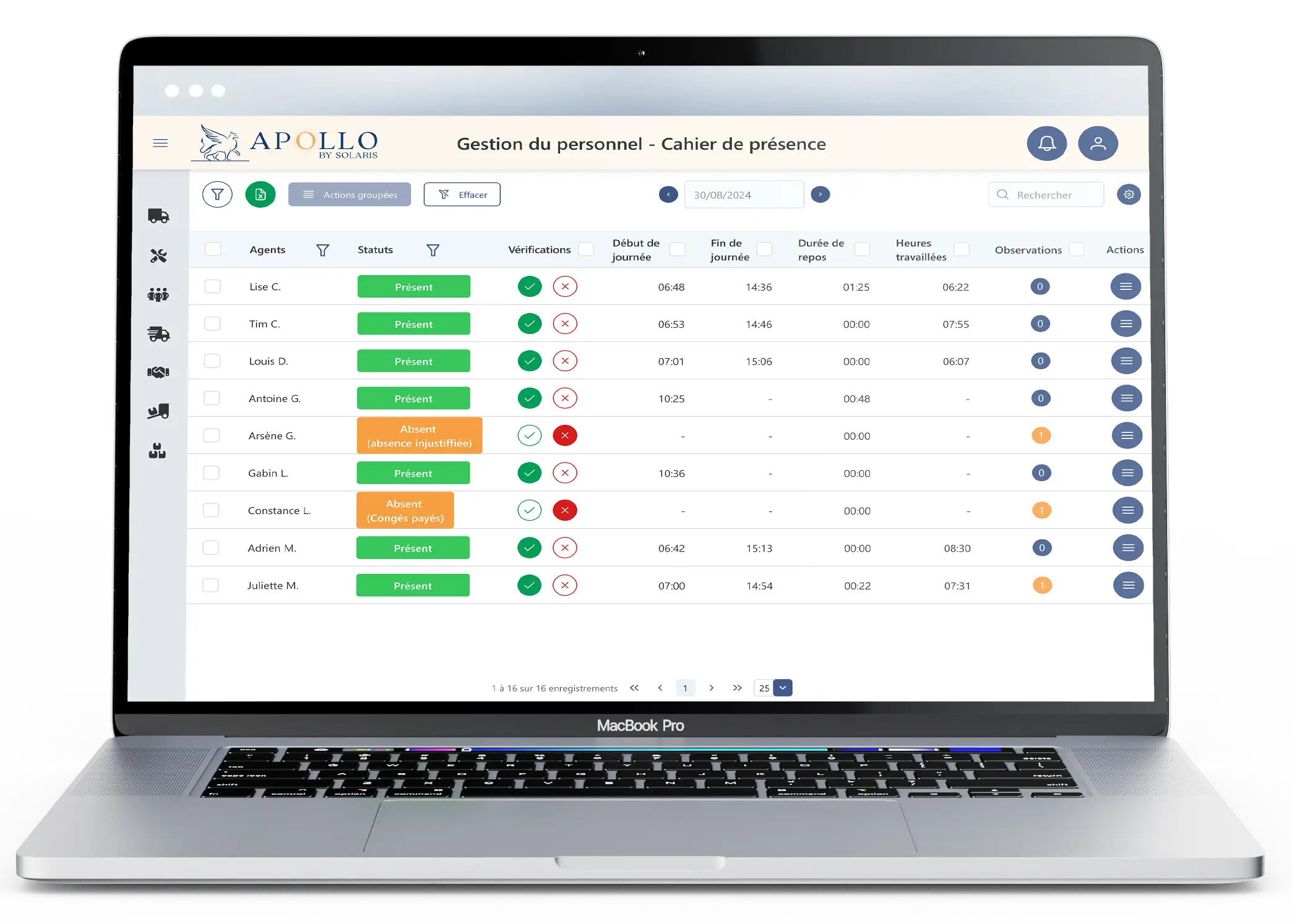 Mockup du logiciel Apollo - Ecran Gestion du personnel cahier de présence