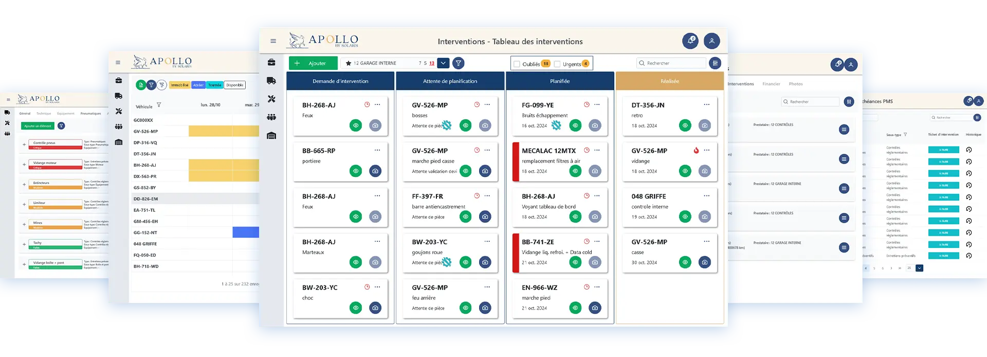 plusieurs capture d'écran du logiciel de gestion de flotte Apollo